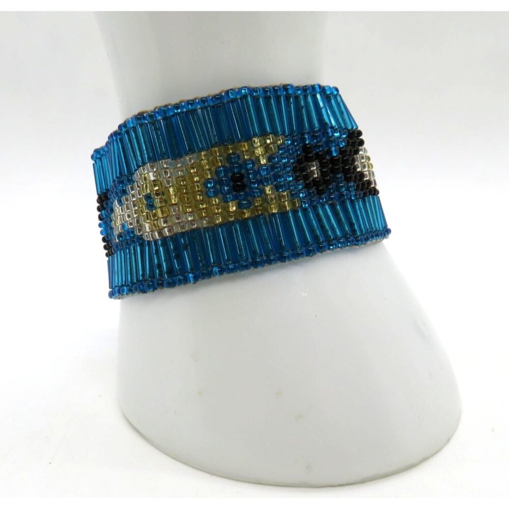 Handcrafted Bracelet Blue Glass Beaded Cuff Geometric Pattern Button Loop